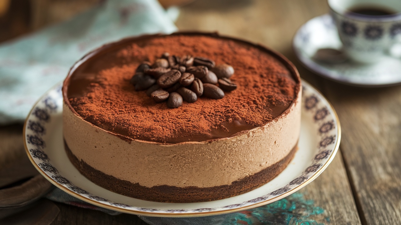 Vegan mocha cheesecake slice on a plate, garnished with coffee beans, with a cup of coffee in a rustic setting.