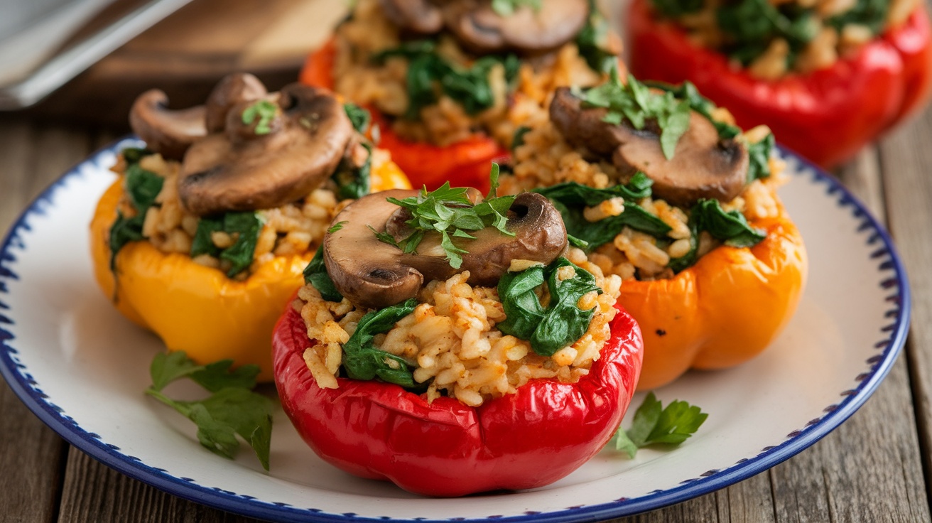 Baked stuffed bell peppers filled with mushrooms and spinach on a rustic table.