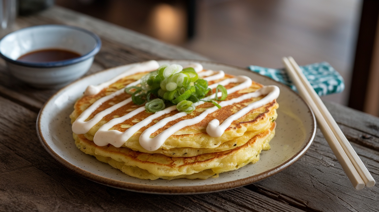 Vegan Okonomiyaki pancakes topped with vegan mayonnaise and green onions on a wooden table.