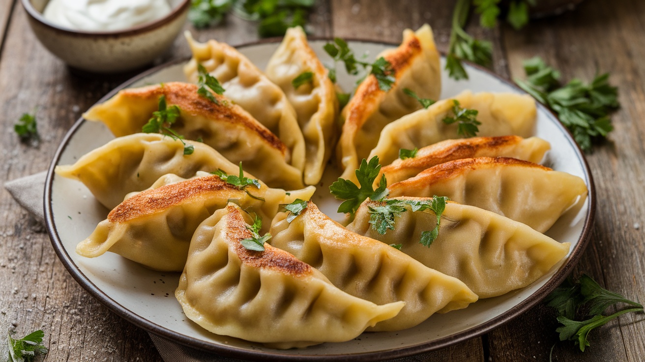 Delicious vegan pierogi filled with potato and mushrooms, served with parsley and vegan sour cream on a rustic table.