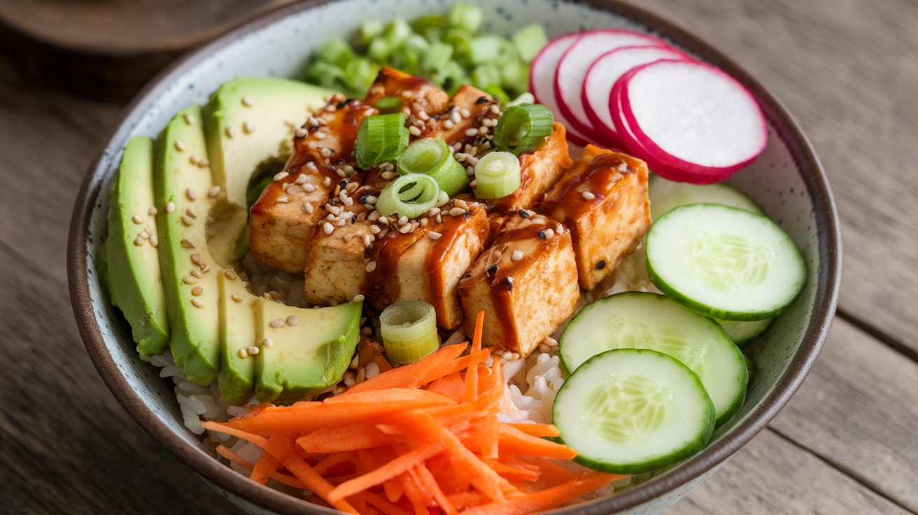 Colorful vegan poke bowl with tofu, avocado, and fresh vegetables on a rustic table.