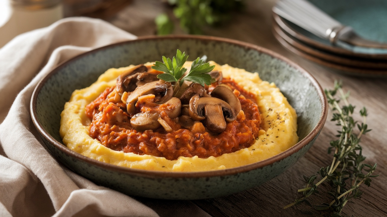 Bowl of creamy polenta topped with mushroom ragu and garnished with parsley on a rustic table.