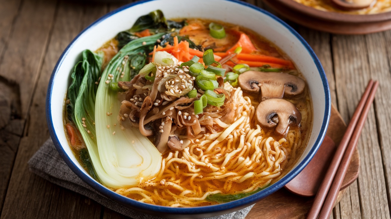 A flavorful bowl of vegan ramen with vegetables, sesame seeds, and green onions.