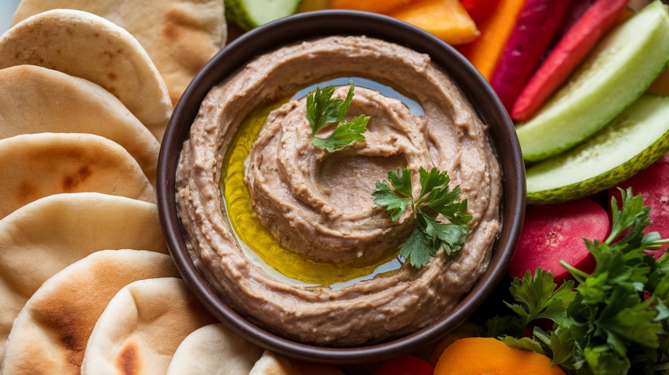 A bowl of Baba Ganoush dip with pita bread and vegetables, garnished with olive oil and parsley.