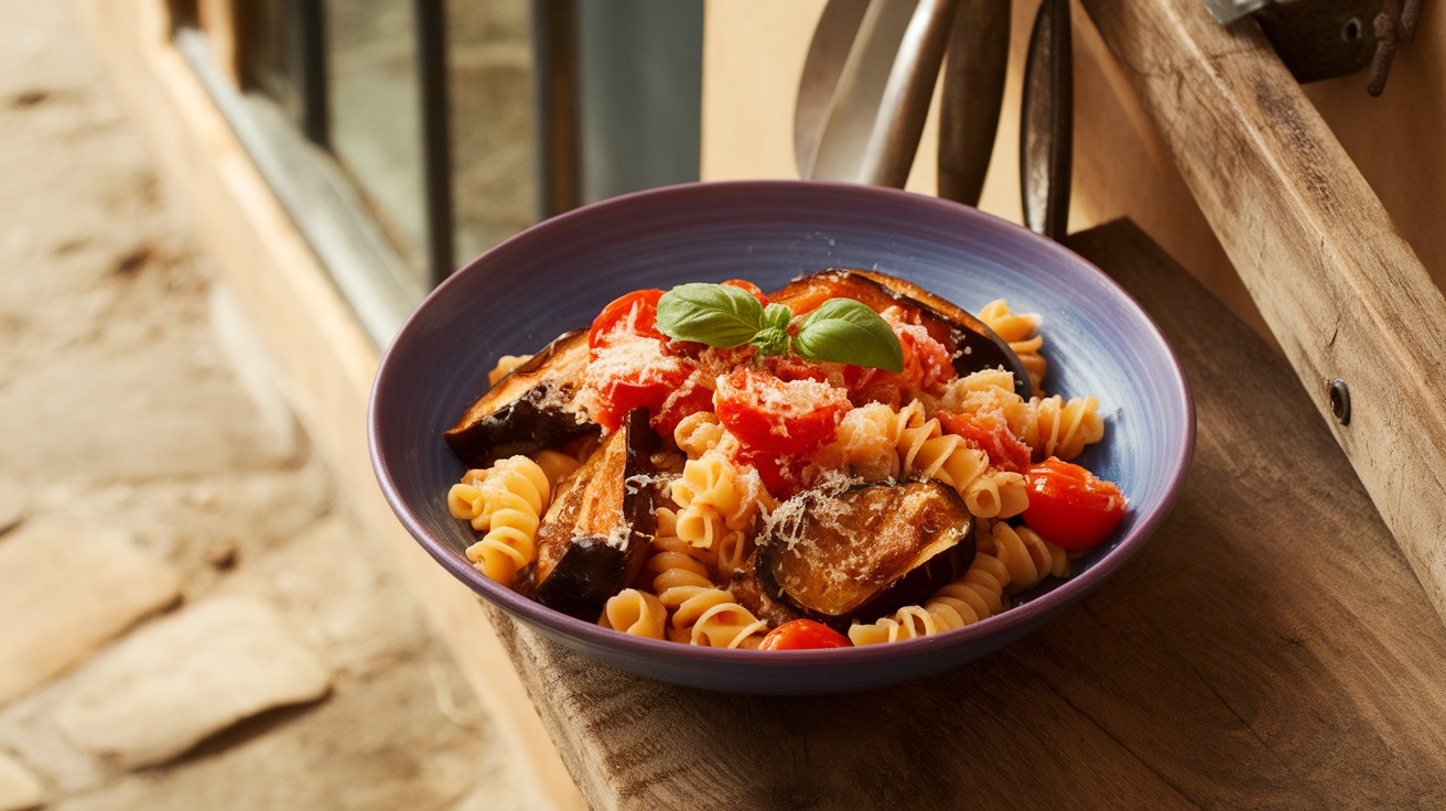 A delicious bowl of vegan pasta with roasted eggplant and tomatoes, garnished with basil and vegan parmesan.