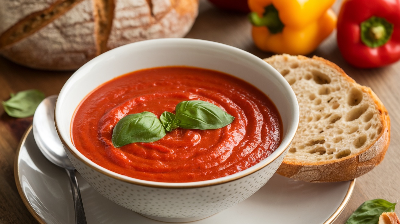 A bowl of vegan roasted red pepper soup garnished with basil, accompanied by rustic bread on a wooden table.