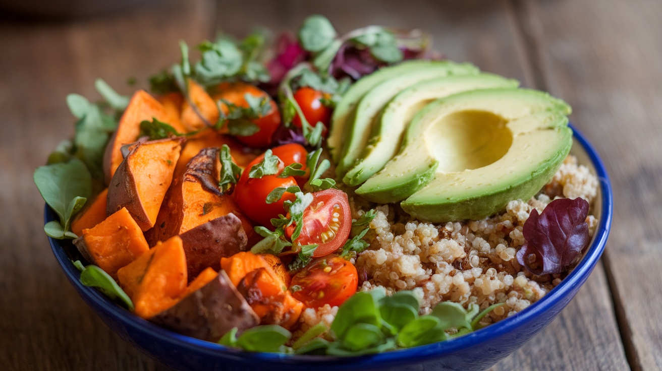 A colorful bowl featuring roasted sweet potatoes, quinoa, cherry tomatoes, and avocado, garnished with fresh herbs.