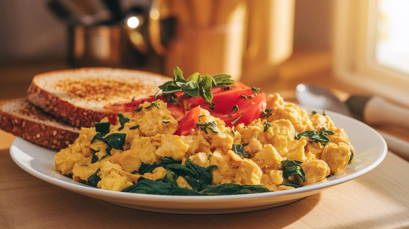 A colorful serving of vegan scrambled tofu with spinach and tomatoes on a plate, accompanied by whole grain toast.