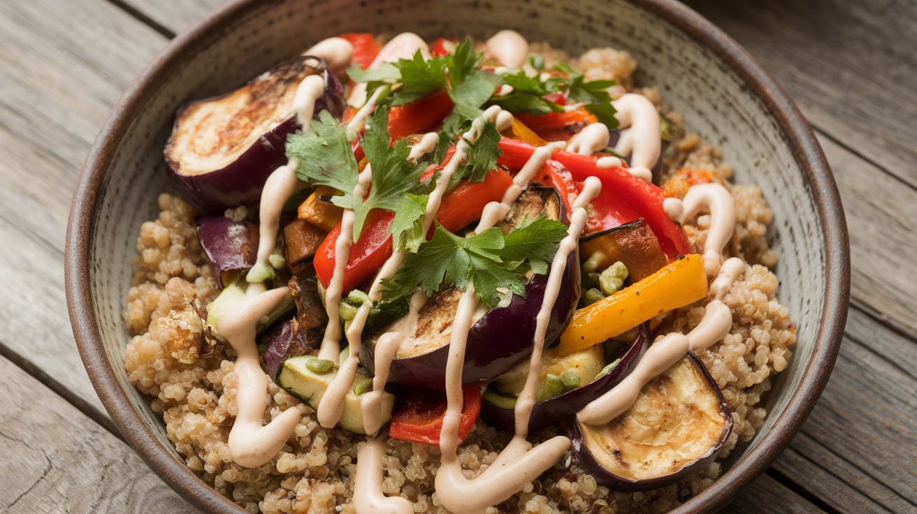 A colorful Vegan Shawarma Bowl with roasted vegetables and tahini sauce on a rustic table.