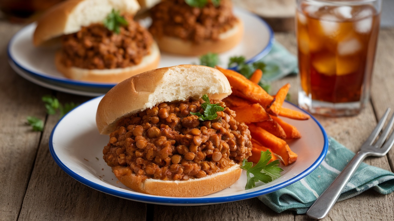 Vegan sloppy joes on hamburger buns with lentil filling, fresh parsley, and sweet potato fries on the side.