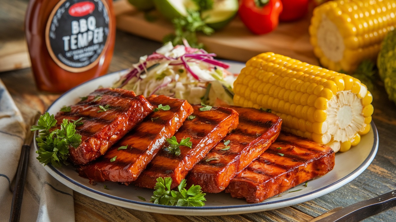 Grilled slices of smoky BBQ tempeh on a plate with coleslaw and corn, garnished with parsley.