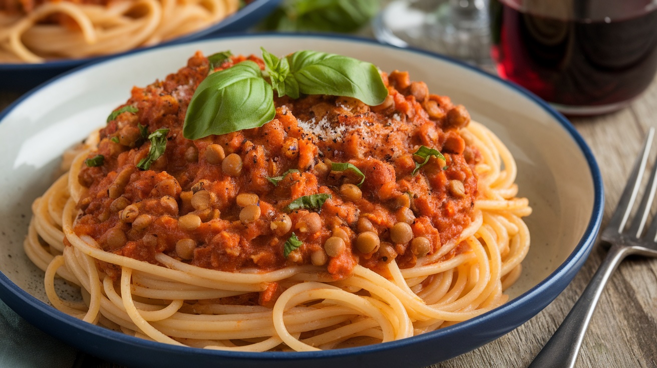 A plate of Vegan Spaghetti Bolognese with lentil sauce and fresh basil, served on a rustic table.