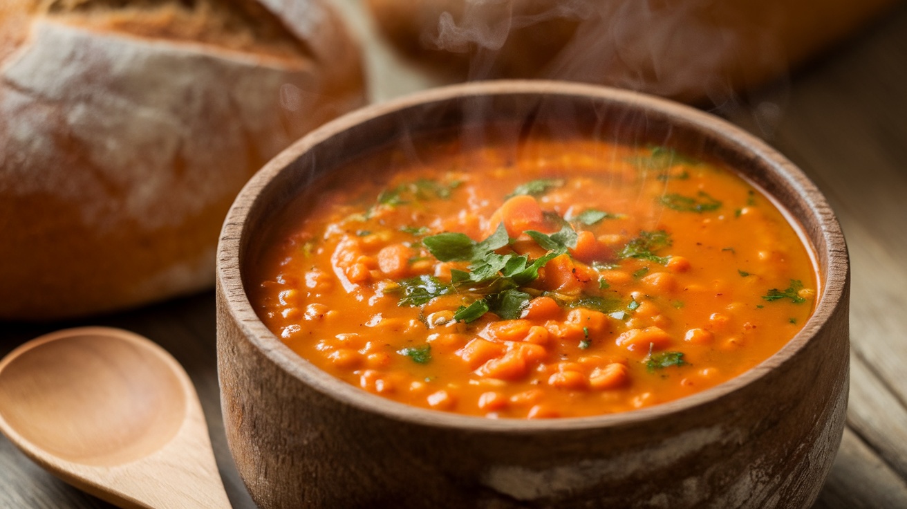 A bowl of Vegan Spiced Lentil and Carrot Soup with parsley garnish and bread on the side.