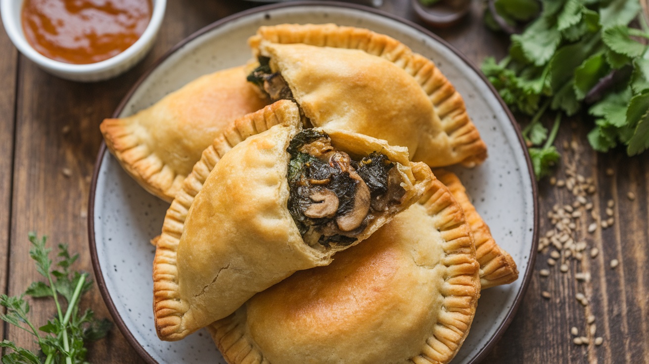 Delicious Vegan Spinach and Mushroom Hand Pies on a wooden table with a bowl of dipping sauce.