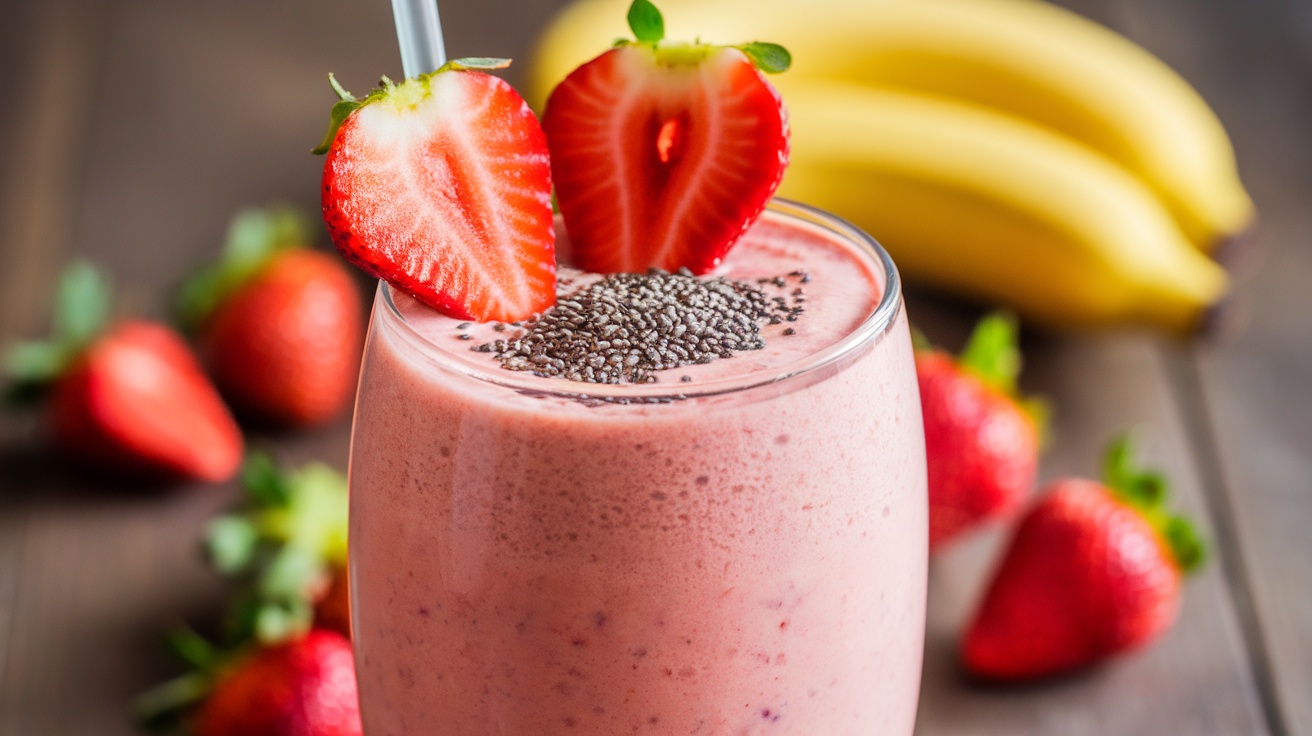 A refreshing vegan strawberry banana smoothie in a glass with strawberries and bananas in the background.