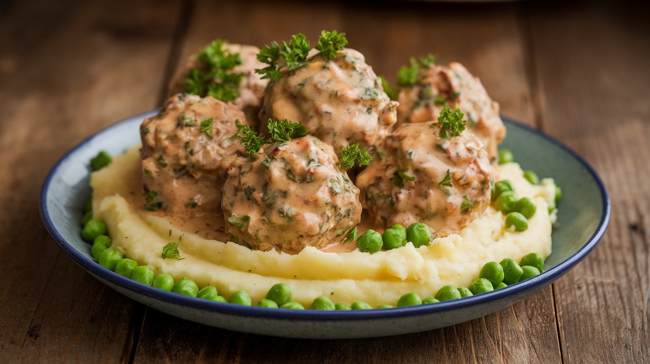 Vegan Swedish meatballs in creamy sauce served over mashed potatoes with peas, garnished with parsley on a rustic table.