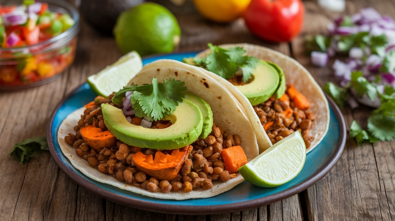 Vegan sweet potato and lentil tacos with avocado and cilantro on a rustic table, surrounded by fresh ingredients.