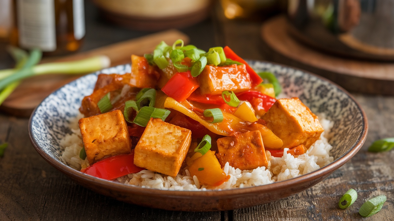 Vegan sweet and sour tofu stir-fry with colorful veggies and pineapple on a plate over rice.