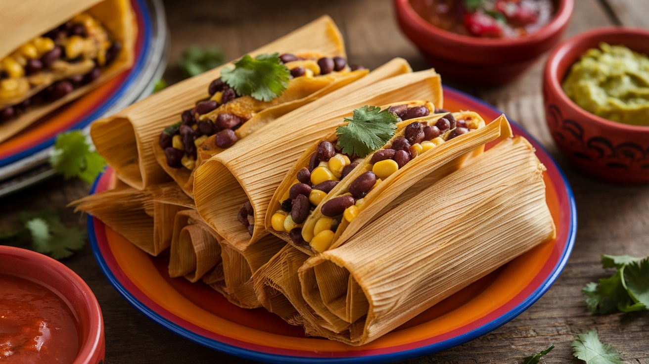 Vegan tamales filled with black beans and corn, served with salsa and guacamole on a rustic wooden table.