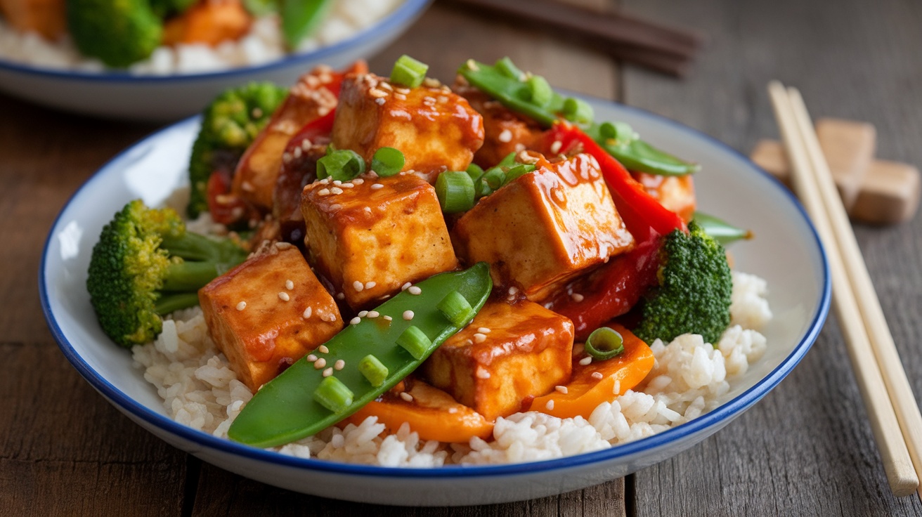 A delicious Vegan Teriyaki Tofu Stir-Fry with crispy tofu, broccoli, bell pepper, and snap peas over rice, garnished with sesame seeds.