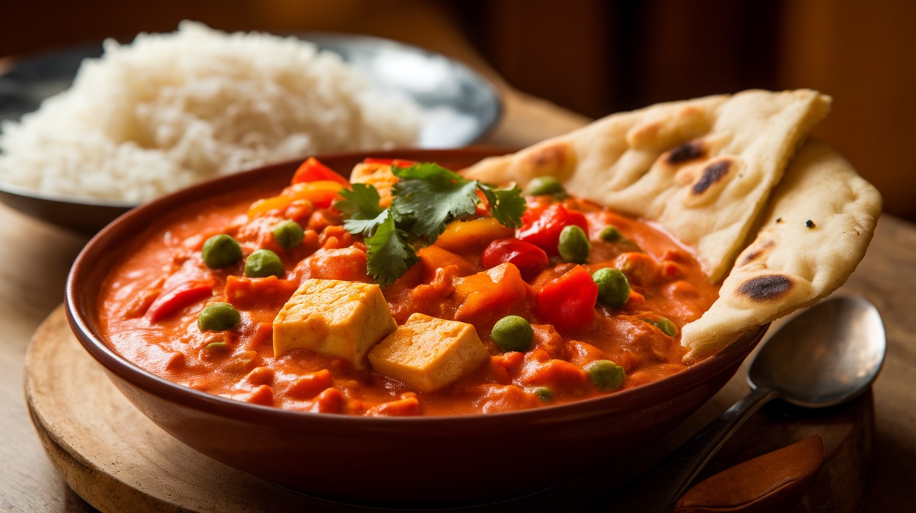 Vegan Tikka Masala with tofu and vegetables in creamy tomato sauce, garnished with cilantro, served with basmati rice and naan.