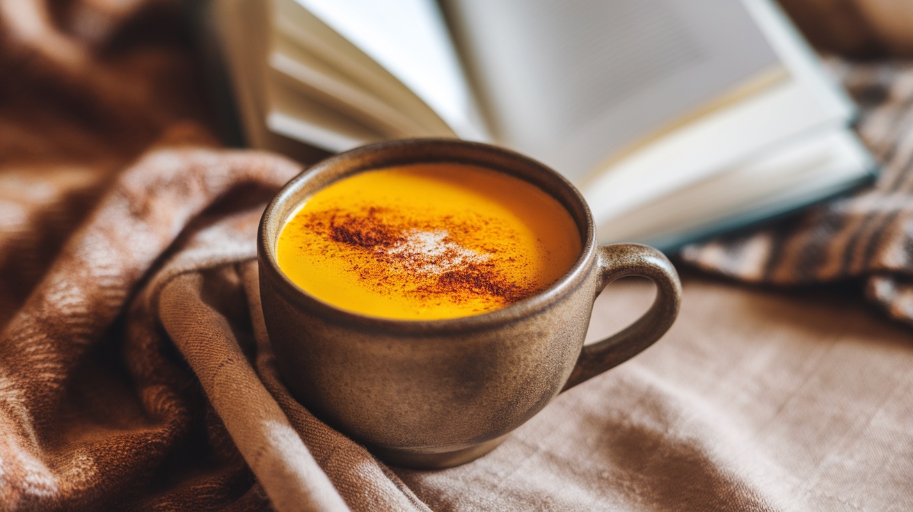 A cozy mug of turmeric golden milk with a sprinkle of cinnamon, surrounded by a book and a soft blanket.