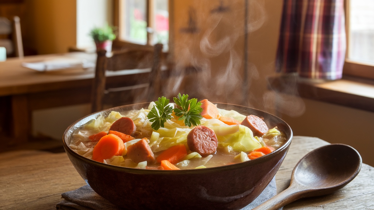 A bowl of warming cabbage soup with sausage, garnished with parsley, on a wooden table.