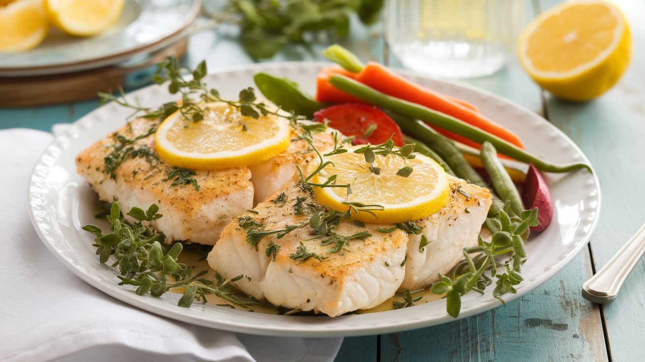 Oven-baked lemon herb tilapia fillets garnished with herbs and lemon on a white plate with vegetables.