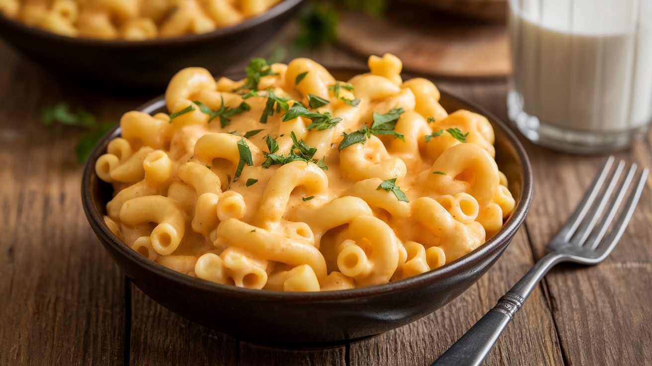 Creamy vegan mac and cheese in a bowl, garnished with parsley, on a rustic table with a fork and glass of almond milk.