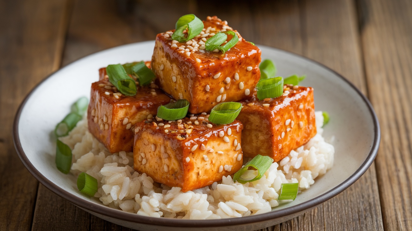 Crispy sesame tofu cubes garnished with sesame seeds and green onions on a bed of rice.