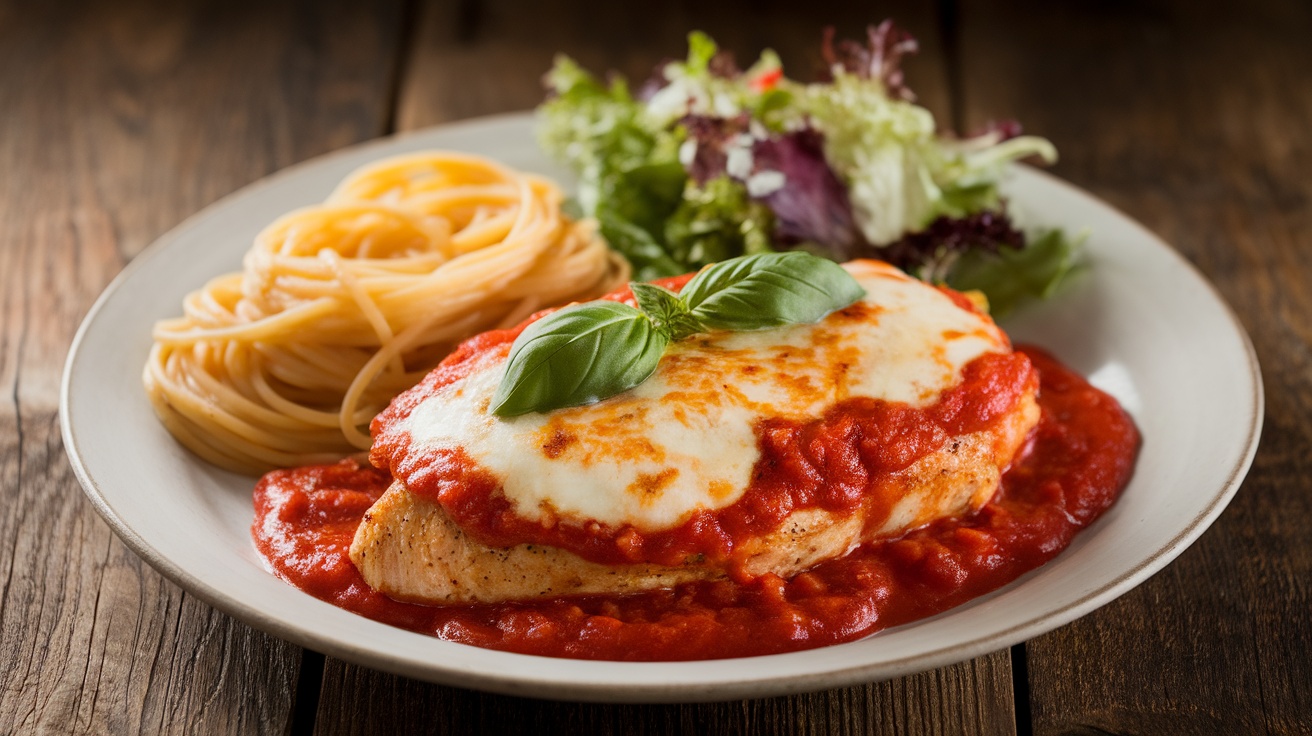 Gluten-free chicken parmesan with marinara and melted cheese, garnished with basil, served with spaghetti.