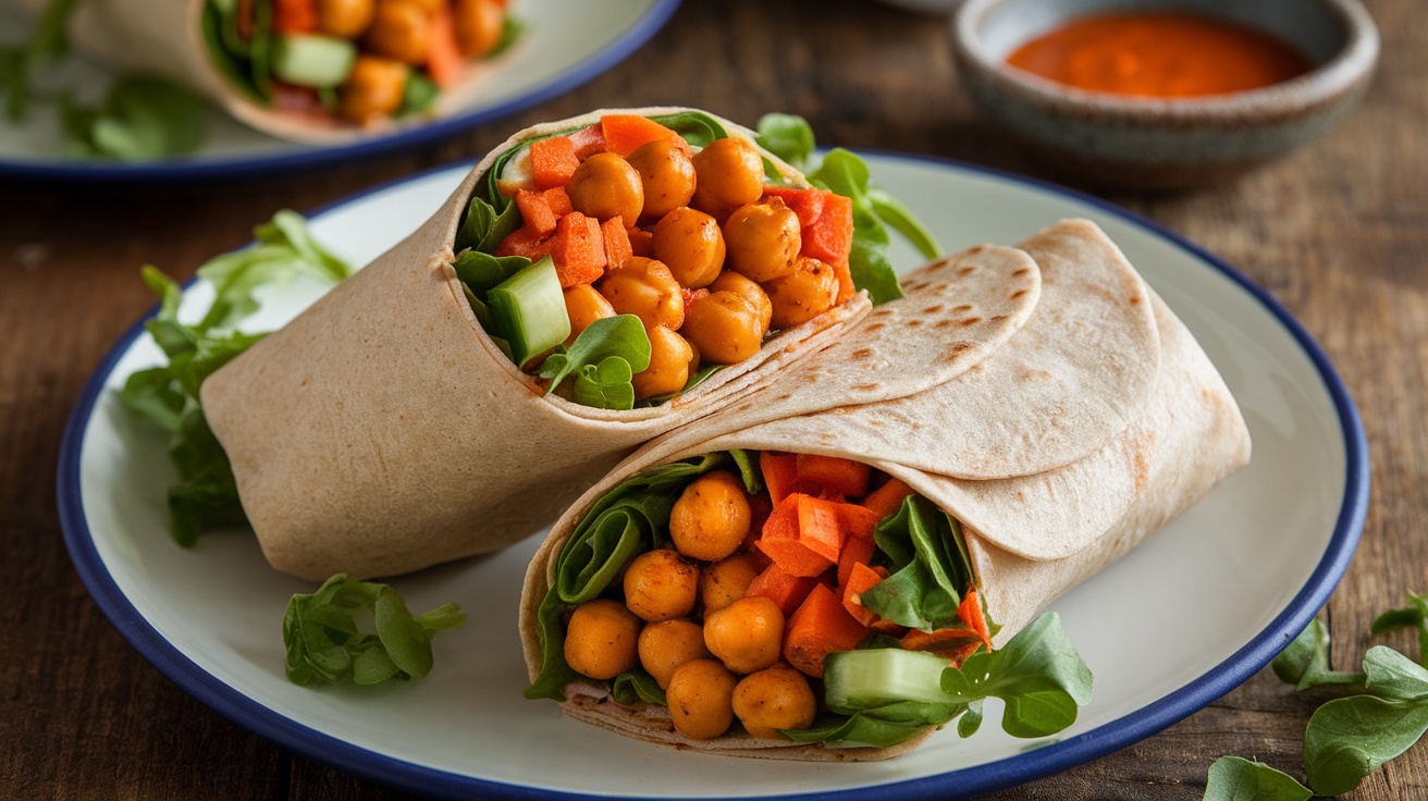 Vegan Buffalo Chickpea Wraps filled with spicy chickpeas and fresh vegetables on a wooden table.