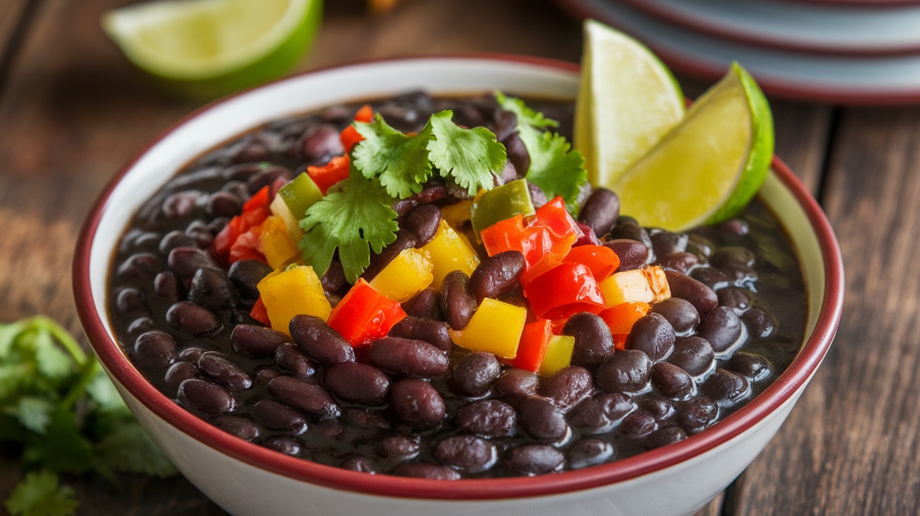 A bowl of vegan Cuban black beans garnished with cilantro and lime on a wooden table.