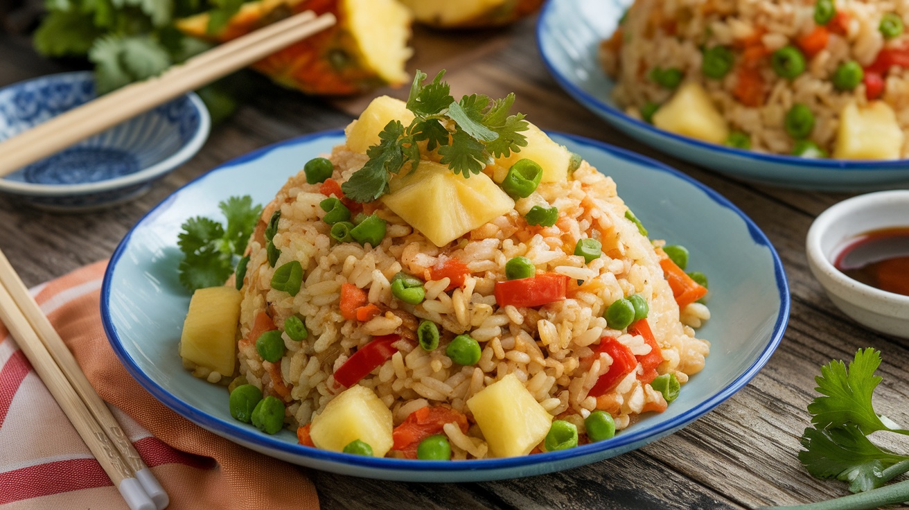 A colorful vegan pineapple fried rice with bell peppers, peas, and pineapple, garnished with green onions and cilantro, served on a wooden table.