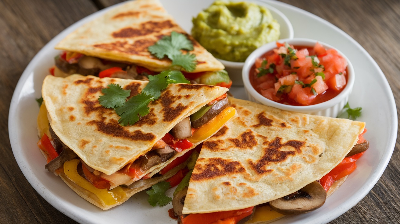 A plate of crispy vegan quesadillas with peppers and mushrooms, garnished with cilantro and served with guacamole and salsa.