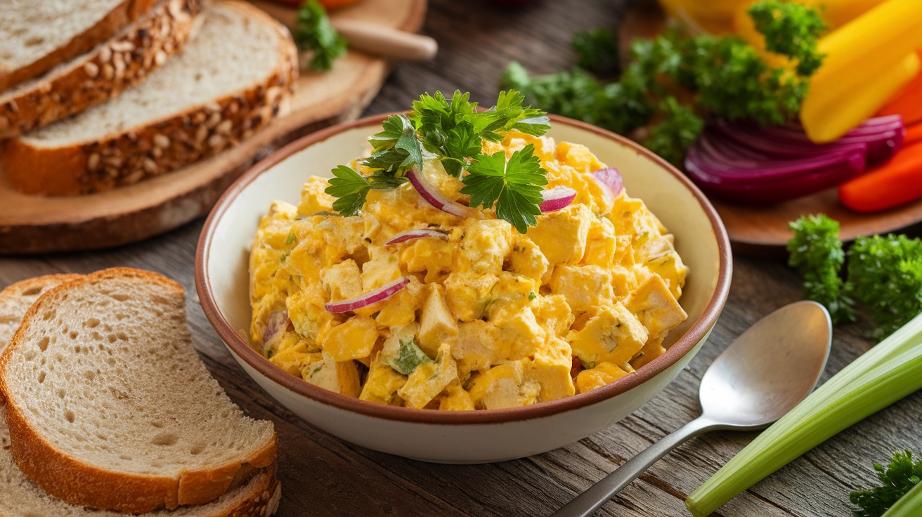 Vegan tofu egg salad in a bowl with celery and red onion, served with whole grain bread and fresh vegetables.