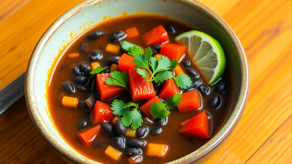 A bowl of zesty black bean soup garnished with cilantro and a lime wedge on a wooden table.