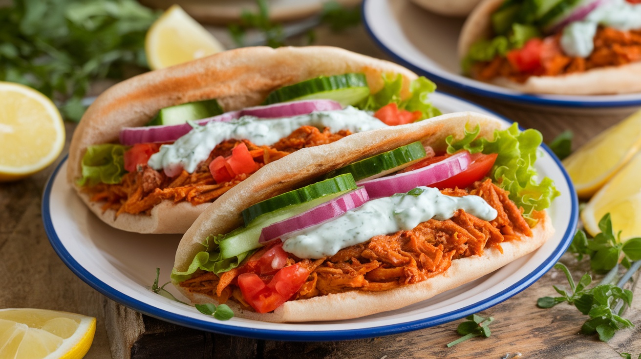 Savory Vegan Jackfruit Gyros filled with seasoned jackfruit, vegetables, and tzatziki sauce on a rustic wooden table.