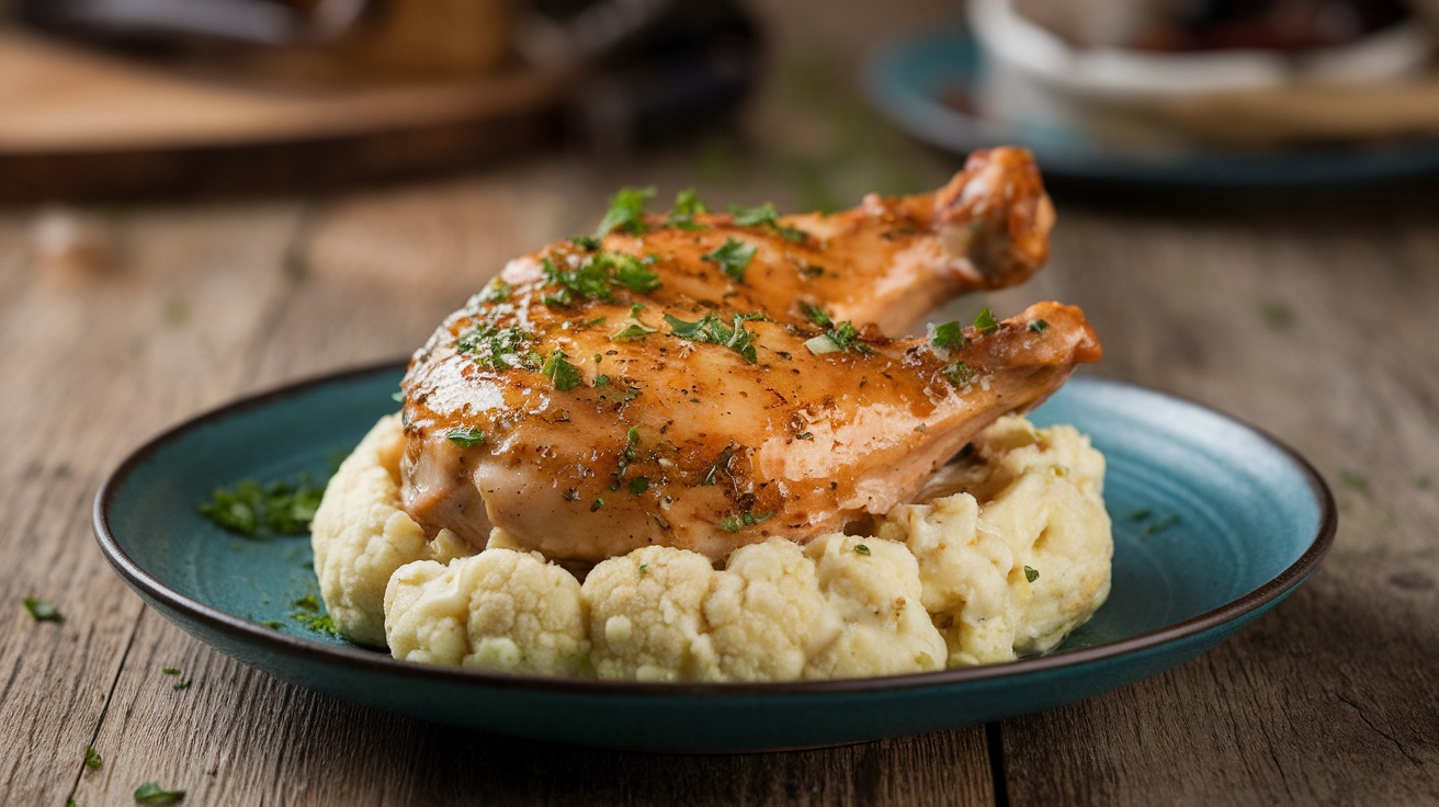 Garlic butter chicken with mashed cauliflower, garnished with parsley on a wooden table.