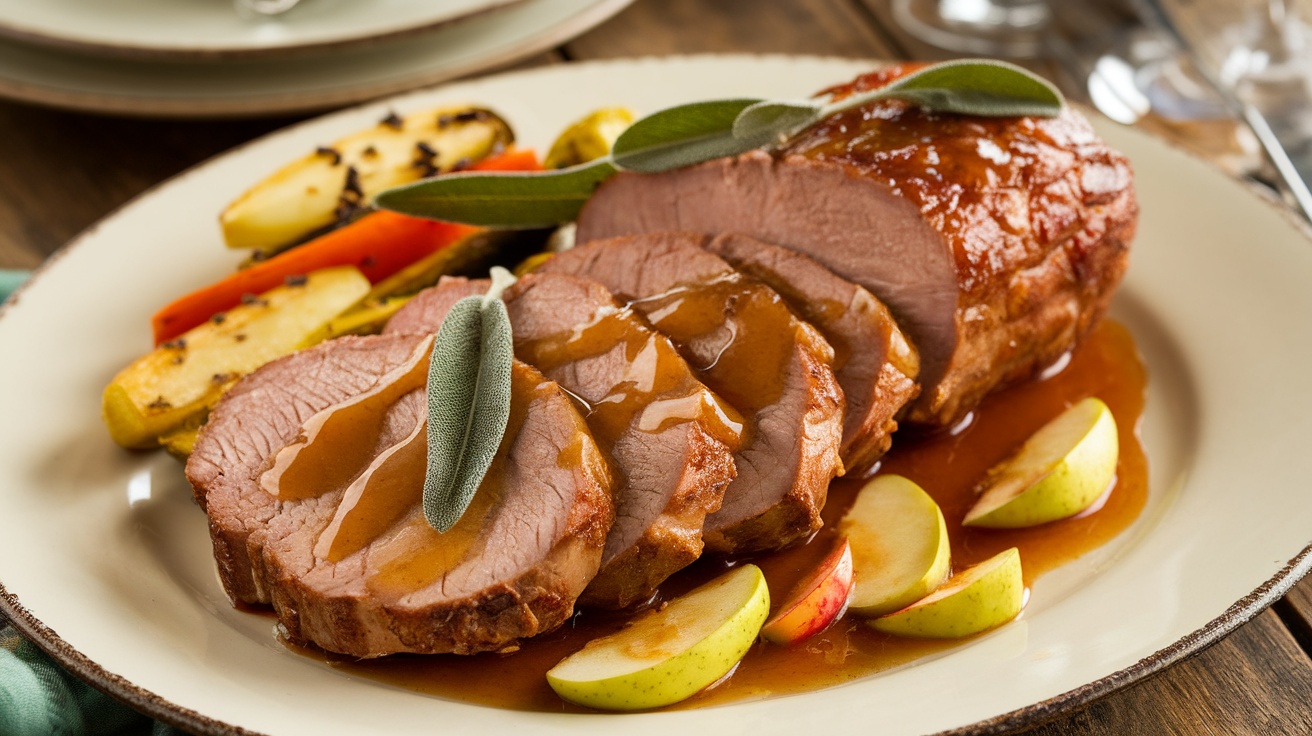 Sliced pork tenderloin with apple and sage sauce, garnished with fresh sage leaves, on a wooden table.