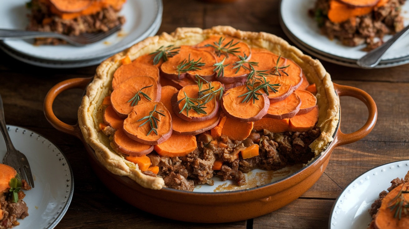 A hearty Sweet Potato Shepherd’s Pie with a golden topping, served on a rustic wooden table.