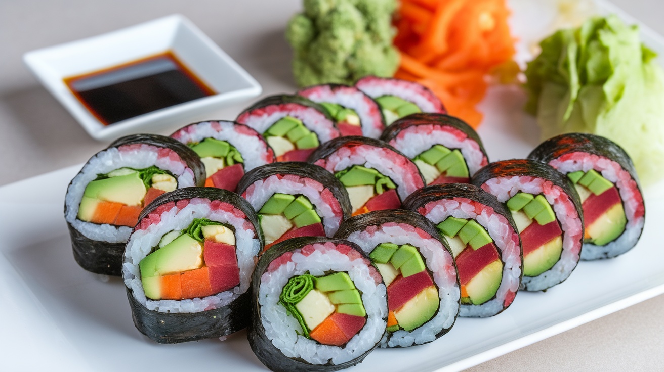 A platter of colorful vegan sushi rolls with avocado, cucumber, and bell pepper, served with soy sauce, wasabi, and pickled ginger.