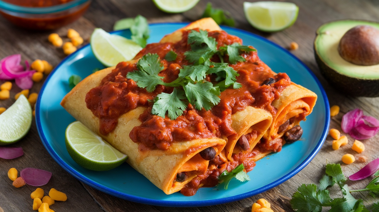 A plated dish of vegan sweet potato and black bean enchiladas with enchilada sauce and garnished with cilantro and lime.