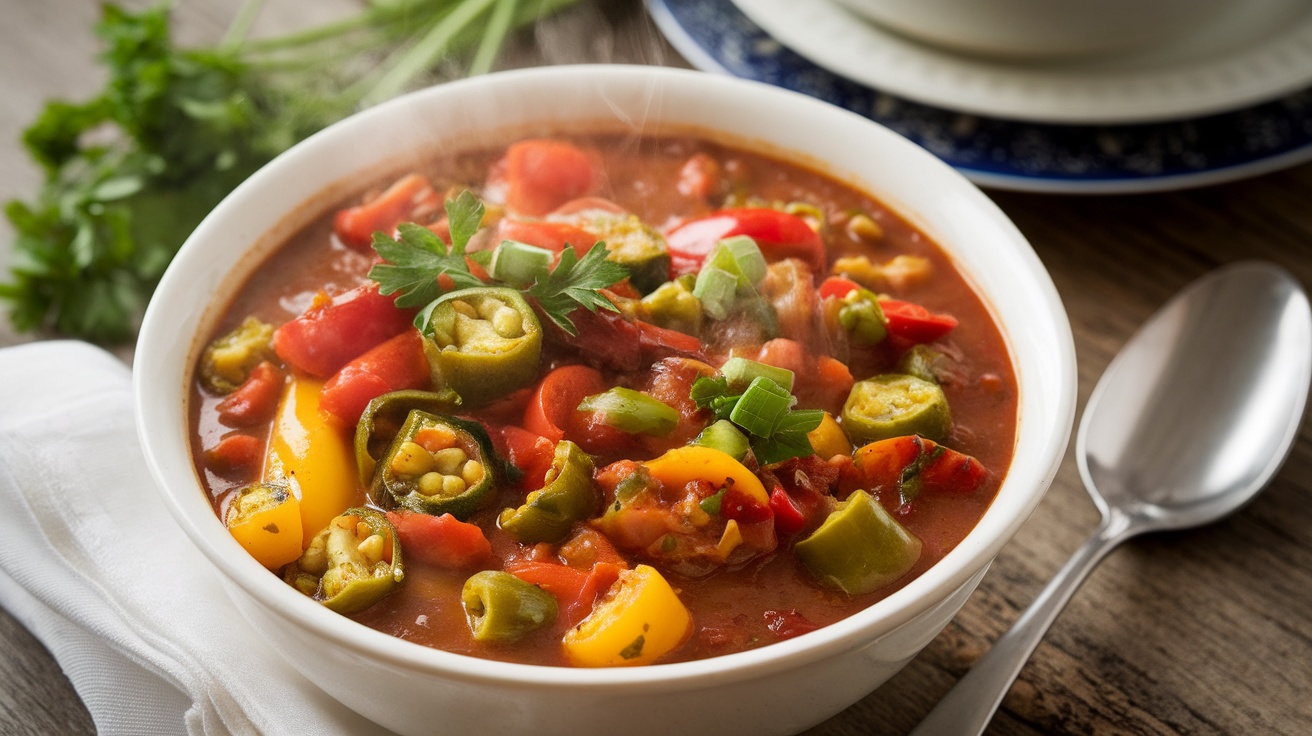 A bowl of vegan gumbo with okra, bell peppers, and tomatoes, garnished with parsley on a rustic table.