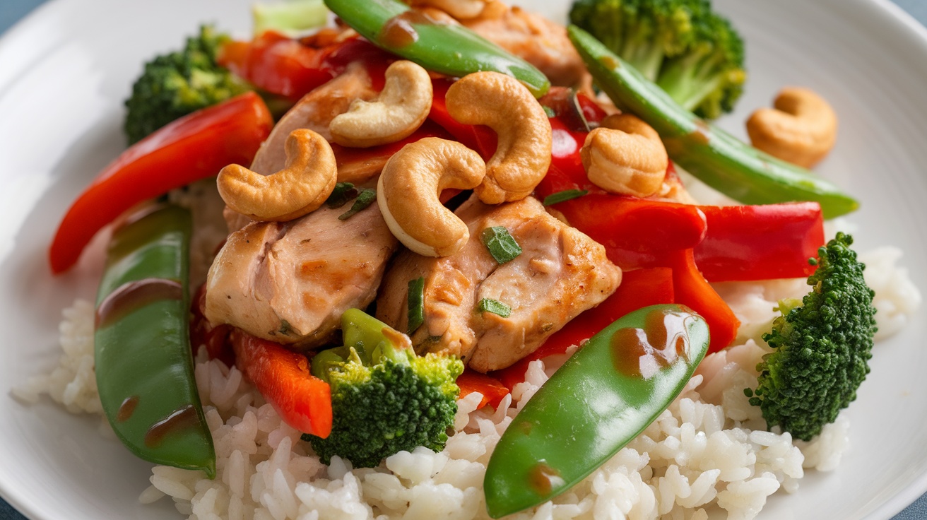 A colorful chicken stir-fry with cashews, bell peppers, broccoli, and snap peas on a bed of rice, garnished with cashews.