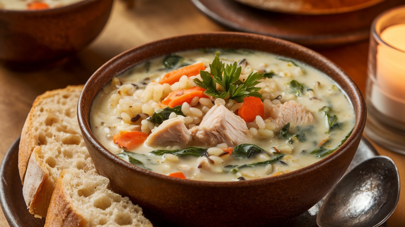 A bowl of Chicken and Wild Rice Soup with chicken, wild rice, and fresh vegetables, garnished with parsley on a rustic table with bread.