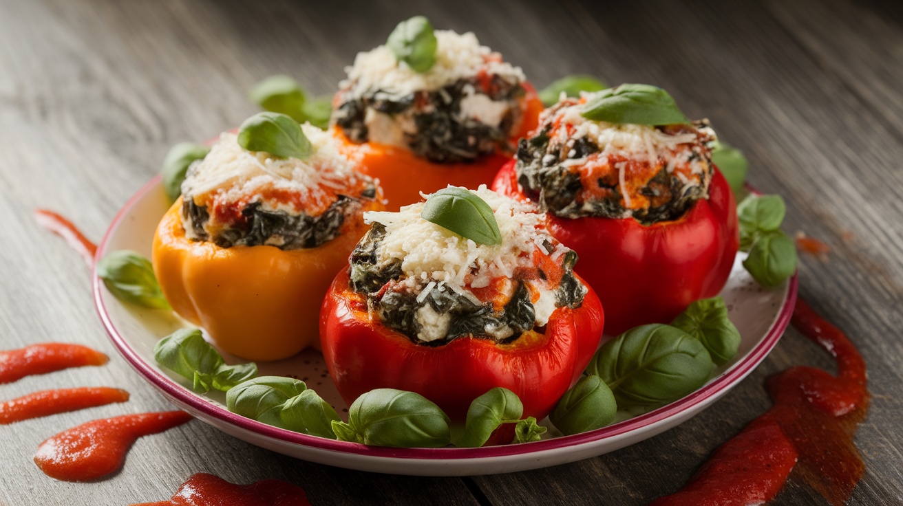 A plate of gluten-free spinach and ricotta stuffed peppers, garnished with basil, on a wooden table.