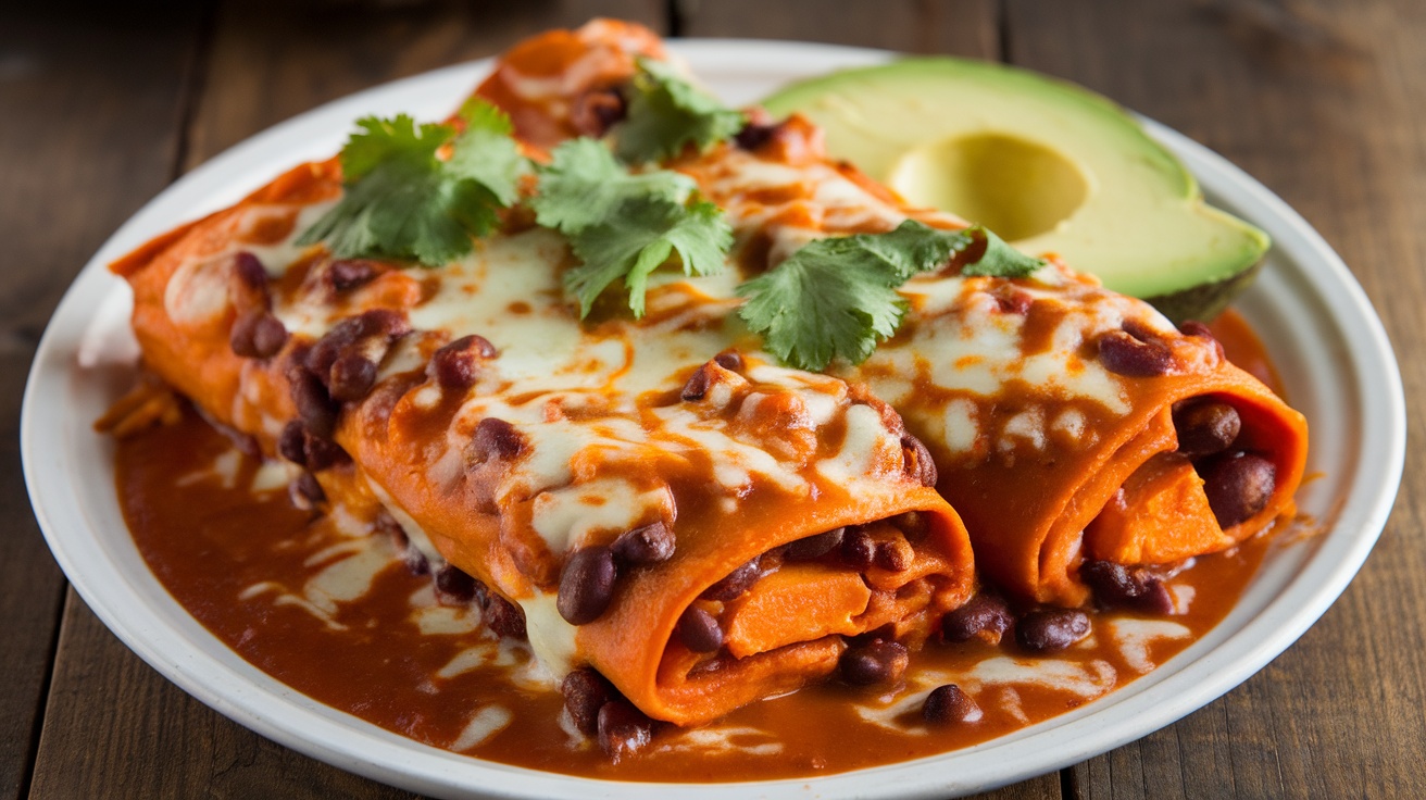 A colorful serving of Sweet Potato and Black Bean Enchiladas topped with cheese and cilantro, served with avocado on a rustic table.