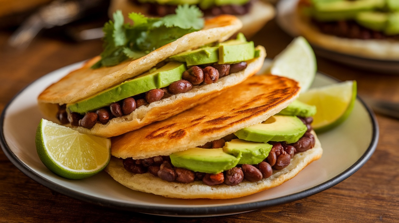 A platter of vegan arepas with avocado and black beans, garnished with cilantro and lime on a rustic table.