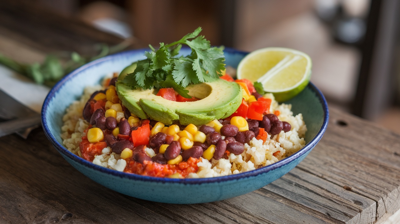 A colorful vegan burrito bowl with cauliflower rice, black beans, corn, and avocado, garnished with lime and cilantro on a wooden table.